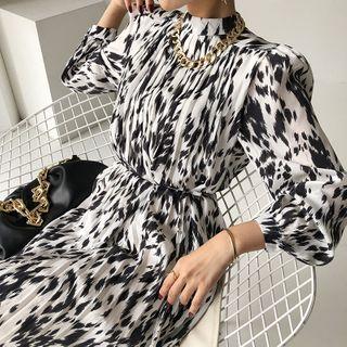 Puff-sleeve Cow Print Midi A-line Dress