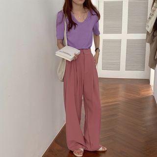 Short-sleeve T-shirt / High-waist Wide-leg Dress Pants