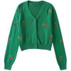 Long-sleeve Cherry Embroidered Buttoned Knit Top
