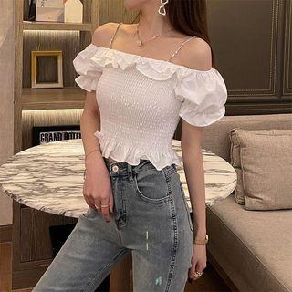 Off-shoulder Rhinestone Frill Trim Shirred Top