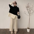 Color-block Turtle-neck Loose-fit Sweater / Plain Loose-fit Pants