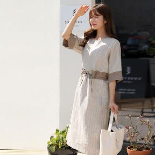 Color-block Drawstring-waist Striped Dress