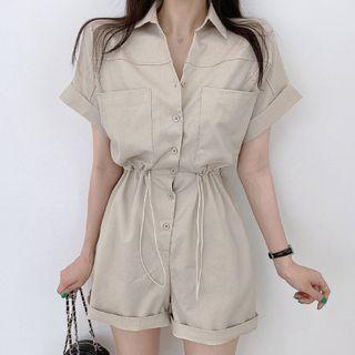 Short-sleeve Drawstring-waist Shirt Romper