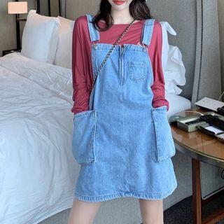 Pocket Denim Playsuit / Long-sleeve Printed T-shirt