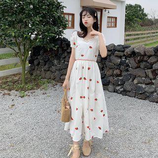 Strawberry Embroidered Short-sleeve Midi A-line Dress White - One Size