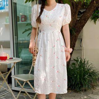Tie-back Floral Embroidered Dress Ivory - One Size
