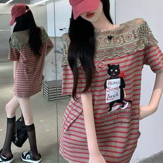 Lace Panel Cartoon Print Striped T-shirt