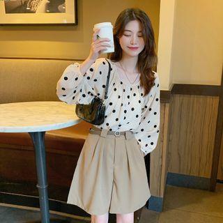 Puff-sleeve Dotted Blouse / Wide-leg Shorts / Belt / Set