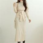 Set: Mockneck Self-tie Top + H-line Long Skirt