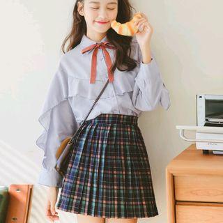 Long-sleeve Tie-neck Ruffle Shirt