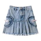 Heart Patch Washed Denim Mini A-line Skirt