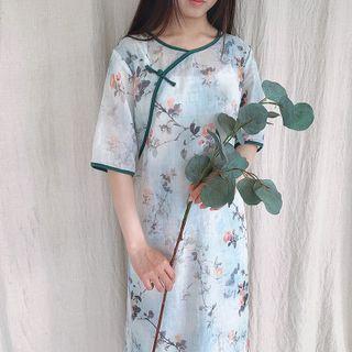 Short-sleeve Floral Midi A-line Dress Print - Light Green - One Size