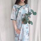 Short-sleeve Floral Midi A-line Dress Print - Light Green - One Size