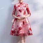 Floral Print Elbow-sleeve Stand-collar Cocktail Dress