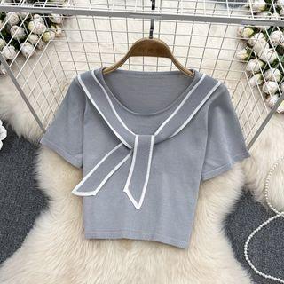 Short Sleeve Tie Neck Knit Top