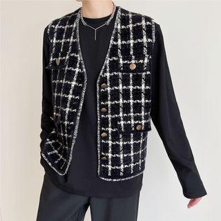 Plaid Button-up Tweed Vest