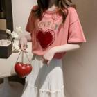 Short-sleeve Heart Print T-shirt Watermelon Red - One Size