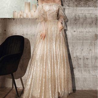 Long-sleeve Glitter Mesh A-line Gown Dress