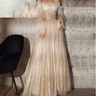 Long-sleeve Glitter Mesh A-line Gown Dress