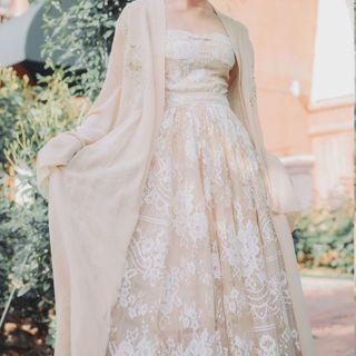 Open-front Long Chiffon Jacket Almond - One Size