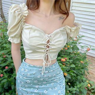Puff-sleeve Lace-up Blouse Almond - One Size
