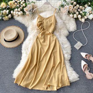 Plain Spaghetti Strap Shirred Midi A-line Dress