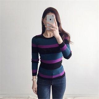 Color-block Long-sleeve Slim-fit Knit Top