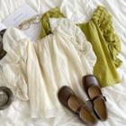 Puff-sleeve Plain Square-neck Chiffon Top