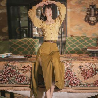 Long-sleeve Ruched Square-neck Blouse / Slit-hem Midi A-line Skirt / Set