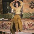 Long-sleeve Ruched Square-neck Blouse / Slit-hem Midi A-line Skirt / Set