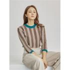 3/4-sleeve Stripe Knit Top Brown - One Size
