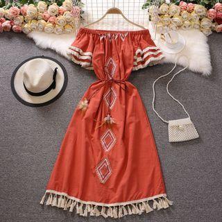 Short-sleeve Tassel Midi A-line Dress