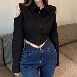Long-sleeve Cold Shoulder Chained Button-up Crop Top