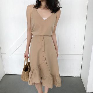 Set: V-neck Camisole Top + Ruffle Hem Midi Skirt