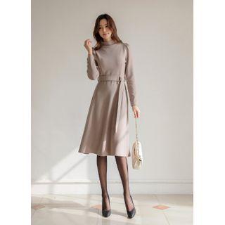 Mock-neck Napped Midi Flare Dress With Belt