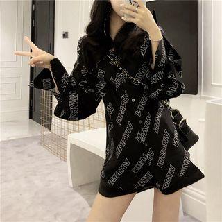 Printed Long-sleeve Oversize Shirt Black - One Size