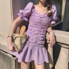 Square Collar Plaid Puff-sleeved Dress Purple - One Size