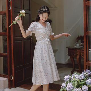 Floral Drawstring Accent Short-sleeve Dress