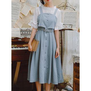 Elbow-sleeve Ruffled Top / Sleeveless Buttoned A-line Midi Dress / Set