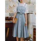Elbow-sleeve Ruffled Top / Sleeveless Buttoned A-line Midi Dress / Set