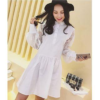 Lace Panel Stand Collar Long Sleeve Dress