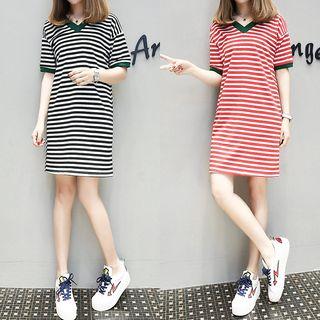 Striped V-neck Short-sleeve T-shirt Dress