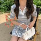 Short-sleeve Collar Striped Knit Mini A-line Dress