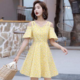 Cutout-shoulder Printed A-line Dress
