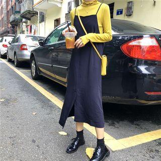 Long-sleeve Mock Neck T-shirt / Spaghetti-strap Midi Dress