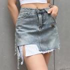 Mock Two-piece Frayed Denim Mini Skirt