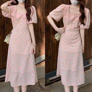 Puff-sleeve Floral Print Collared Midi A-line Dress