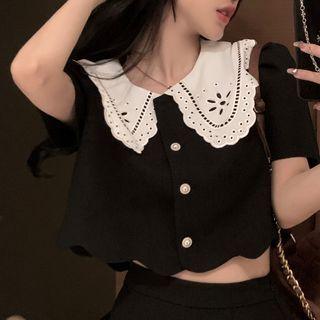 Set: Contrast Collar Cropped Blouse + Mini A-line Skirt