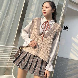 Tie Neck Blouse / Knit Vest / Plaid Pleated Skirt