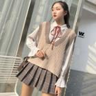 Tie Neck Blouse / Knit Vest / Plaid Pleated Skirt